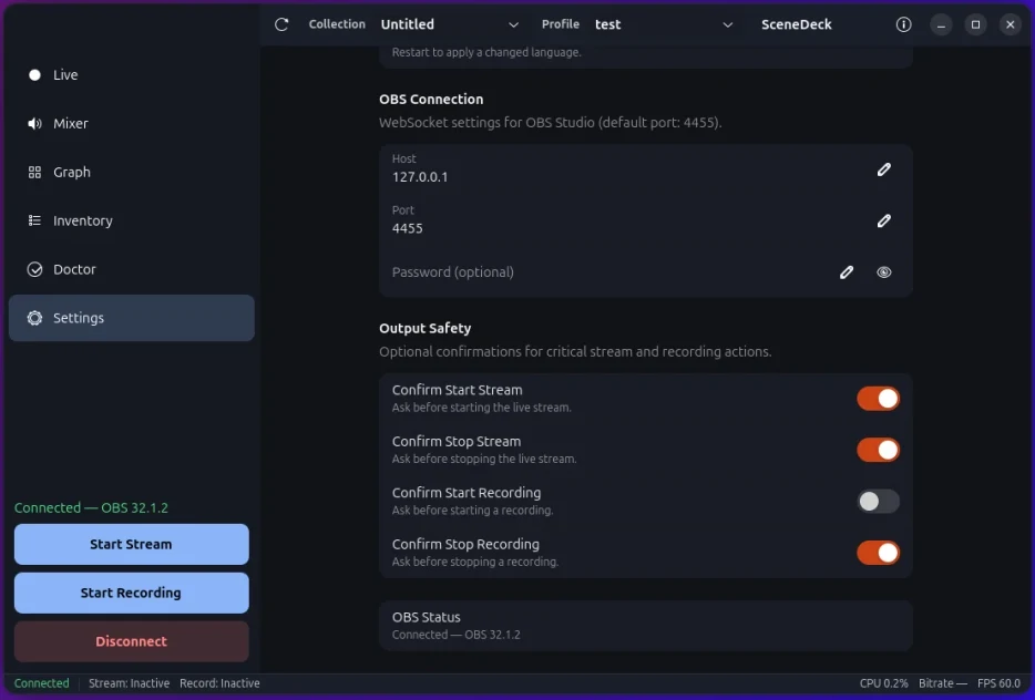 The Settings page: OBS connection host, port and optional password, and the Output Safety switches for confirming start and stop of streaming and recording.