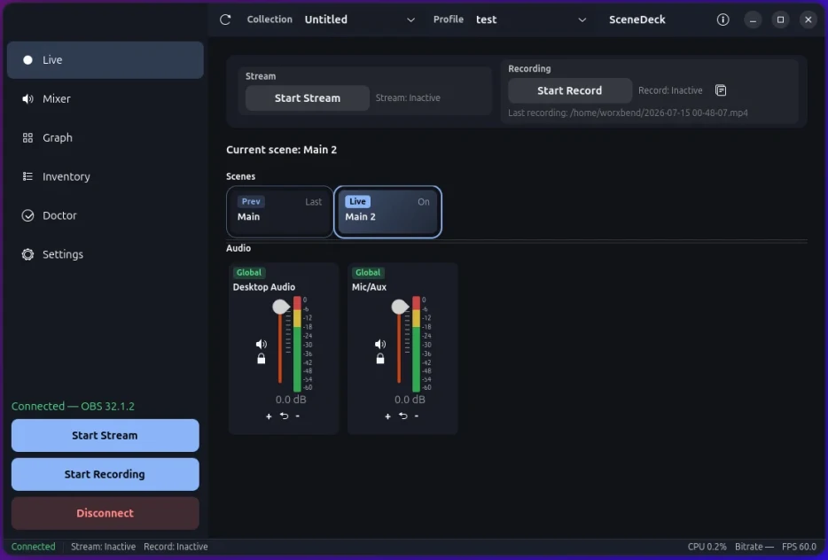 The Live page: stream and recording controls, the current scene, scene cards marked Prev and Live, and the audio section with Desktop Audio and Mic/Aux faders.