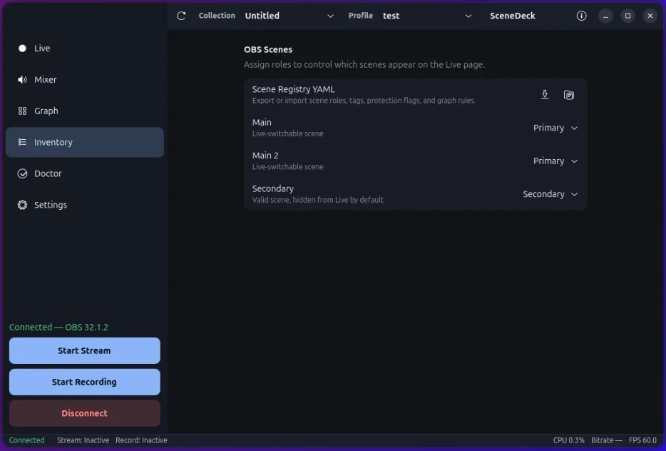 The Inventory page: the OBS scene list with a role selector on each row, set to Primary, Primary and Secondary, plus the scene registry YAML export and import controls.